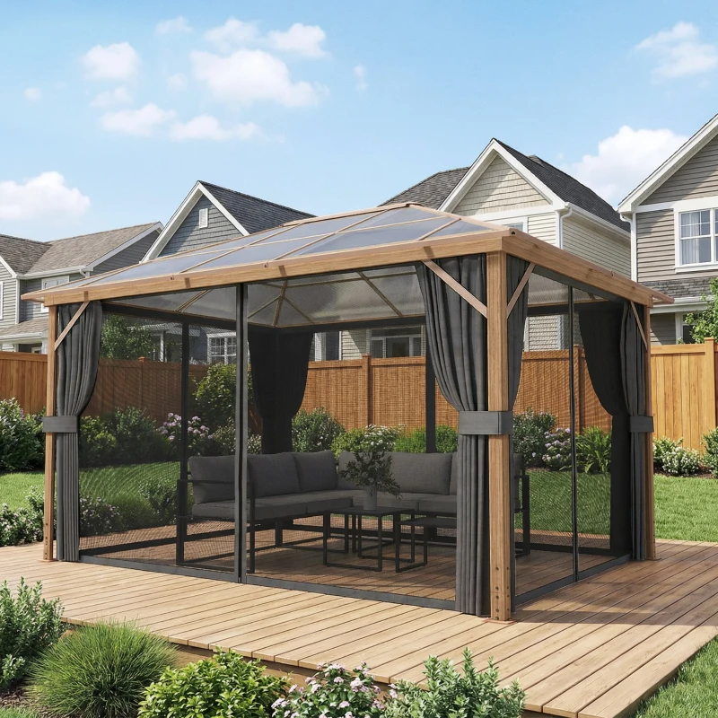 Outsunny Tonnelle de Jardin Pavillon Extérieur Aspect Bois Toit Rigide en Polycarbonate UV50+ Imperméable 398x298x262cm Naturel