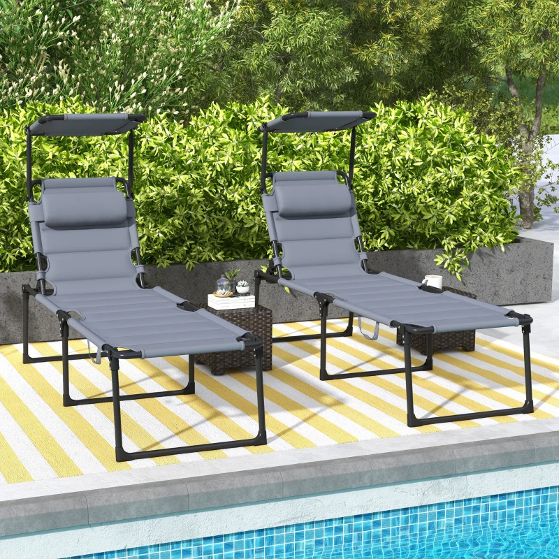 Outsunny Lot de 2 Bains de soleil transats pliables grand confort dossier pare-soleil réglables multi-positions, gris