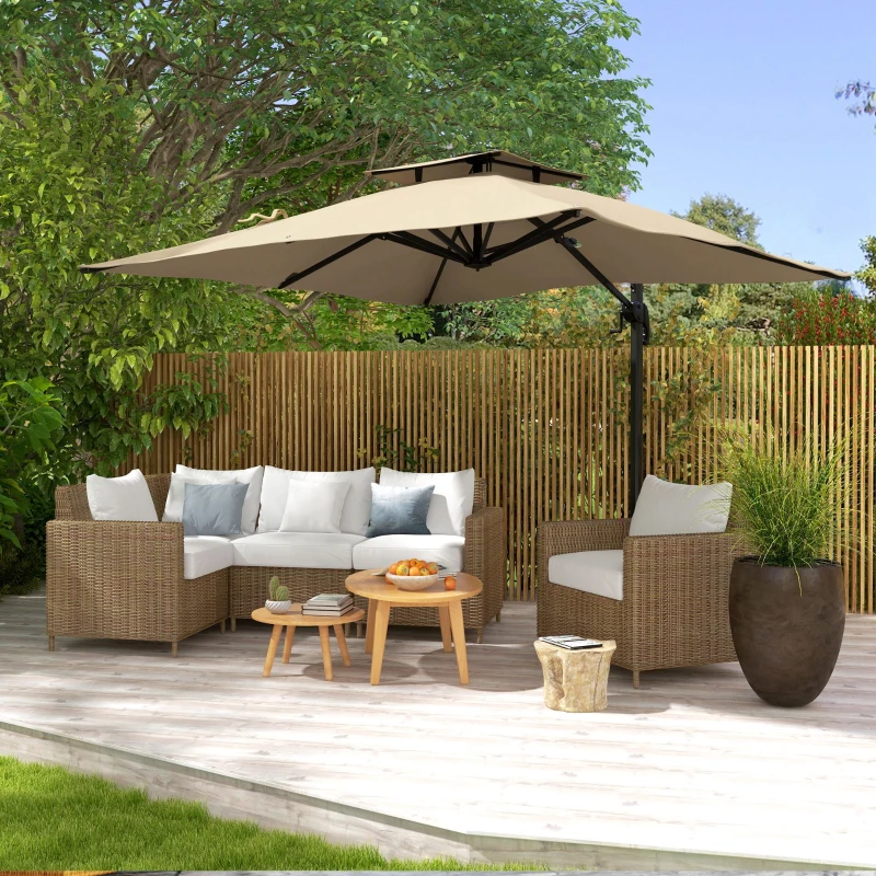 Outsunny Parasol déporté carré 3 x 3 m, manivelle, base croisée, rotation 360°, polyester 250 g/m², double toit, 8 baleines, kaki