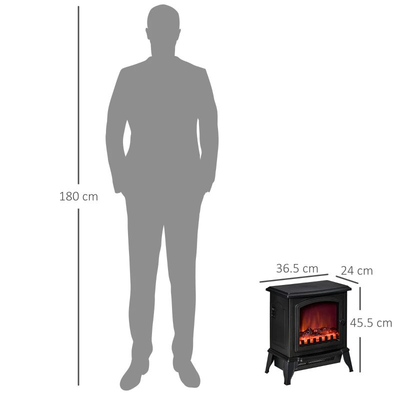 Șemineu Electric Portabil HOMCOM 1000W/2000W cu Efect de Flacără, din ABS și Sticlă Temperată, 36,5x24x45,5 cm, Negru