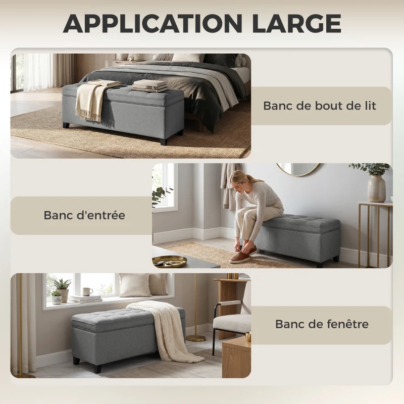 HOMCOM Banc de rangement 112L banquette bout de lit en tissu de lin, siège capitonné, 120 x 40 x 48 cm, gris foncé