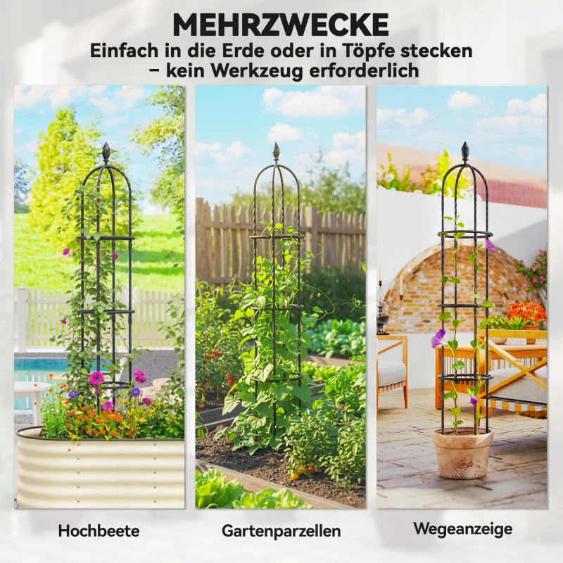 Outsunny Garten Rankhilfe 2er Set 174 cm Obelisk Rankhilfe aus Stahl Abnehmbar Pflanzenstütze für Kletterpflanzen Rose