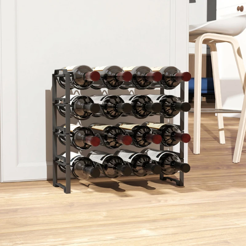 HOMCOM Suport pentru Sticle cu 4 Nivele Ondulate Stivabile pentru 16 Sticle, din Metal, 42,5x16,5x41 cm, Negru