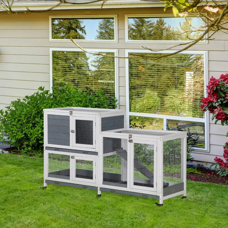 PawHut Clapier intérieur bois avec roulettes 2 étages rampes - dim. 147L x 45,5l x 88,5H cm - gris et blanc