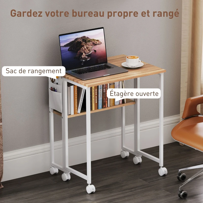 HOMCOM Bureau pliable sur roulettes 63 x 50 cm avec étagère et sac de rangement, bois naturel