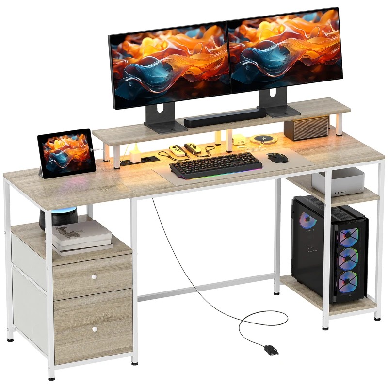 HOMCOM Bureau d'ordinateur bureau lumières LED réglables 2 prises ports USB tiroirs étagères 155,5x48x88,5cm effet bois naturel