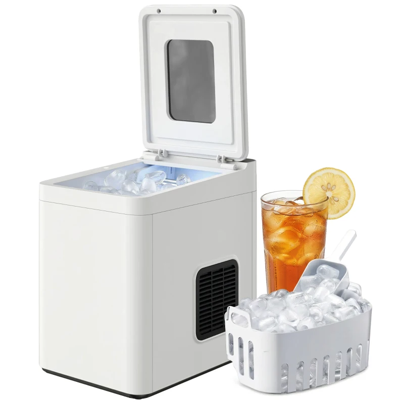 HOMCOM Zelfreinigende tafel-ijsblokjesmachine, compacte ijsbereider met schep en mand, wit