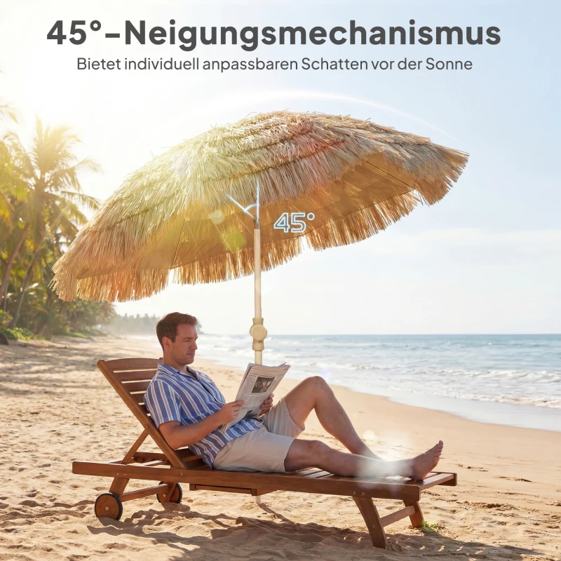 Outsunny 150 cm Hula Strohdach Tiki Strand- und Gartenschirm mit Sandanker, verstellbarer Höhe und Neigefunktion, Strohdach Sonnenschirm