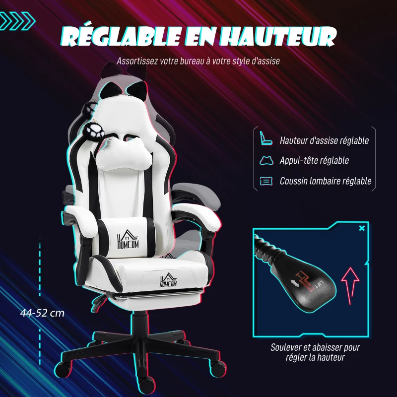 HOMCOM Chaise gaming ergonomique avec Oreilles de Chat, fauteuil gamer avec dossier inclinable, 65 x 62 x 124 cm, blanc