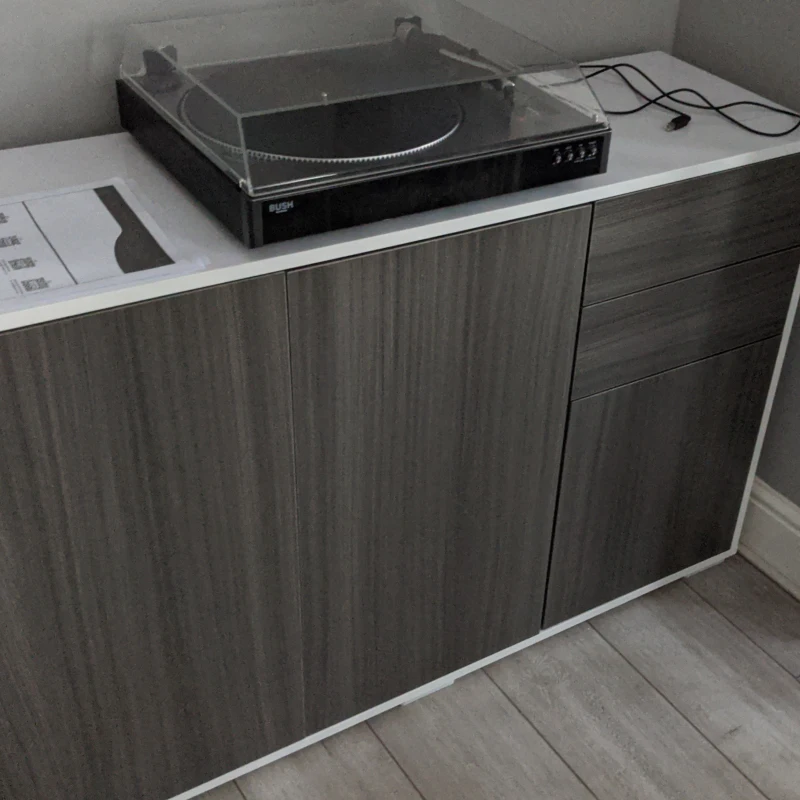 HOMCOM High Gloss Side Cabinet, Push-Open Design with 2 Drawers and 2 Cabinets for Living Room, 74H x 117W x 36Dcm, Light Grey and Black
