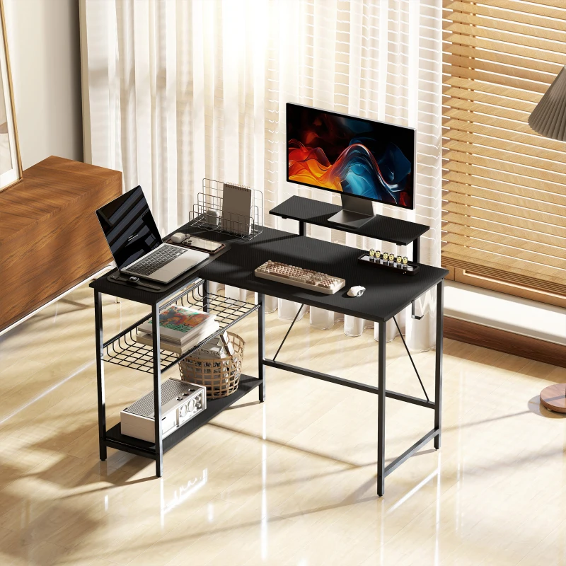 HOMCOM Bureau gaming réversible, bureau gaming d'angle, support pour écran, étagère en maille réglable, 114,5x82x91,5cm, noir