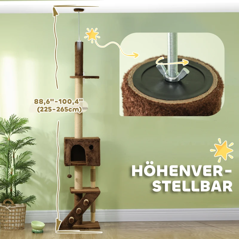PawHut Kratzbaum, deckenhoch, verstellbar 225-265cm, mit Katzenhöhle, Leiter, Plattformen, Plüsch, Braun