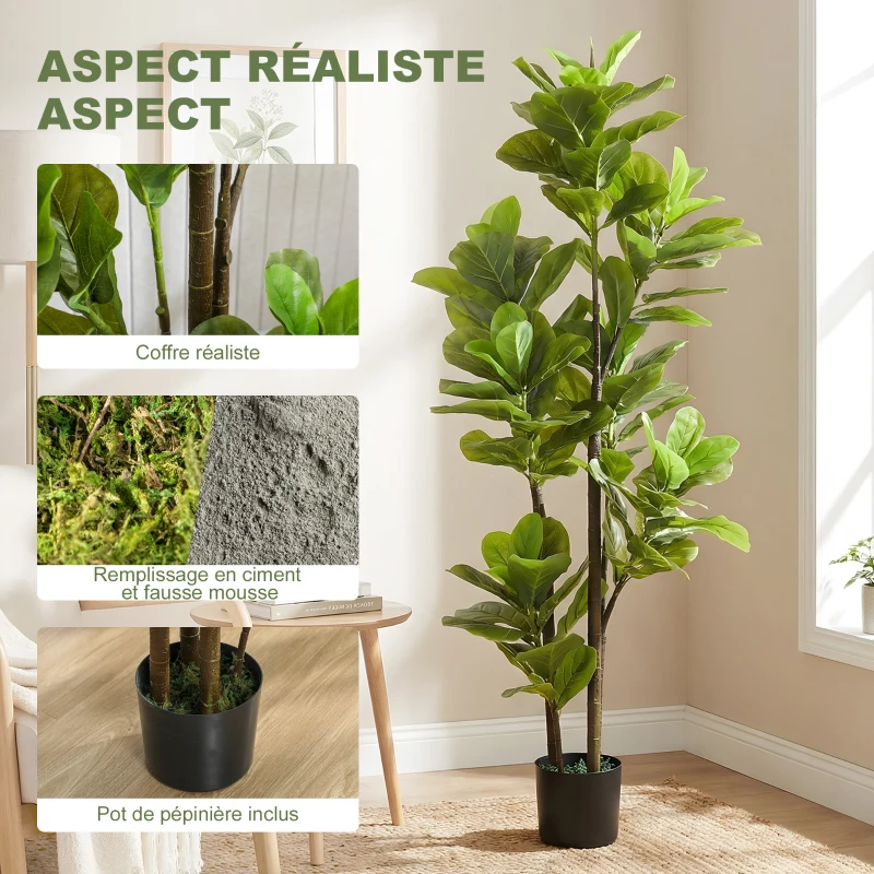 HOMCOM Lot de 2 plantes artificielles intérieures 150 cm, fausse plante à figuier lyre avec pot en ciment, vert