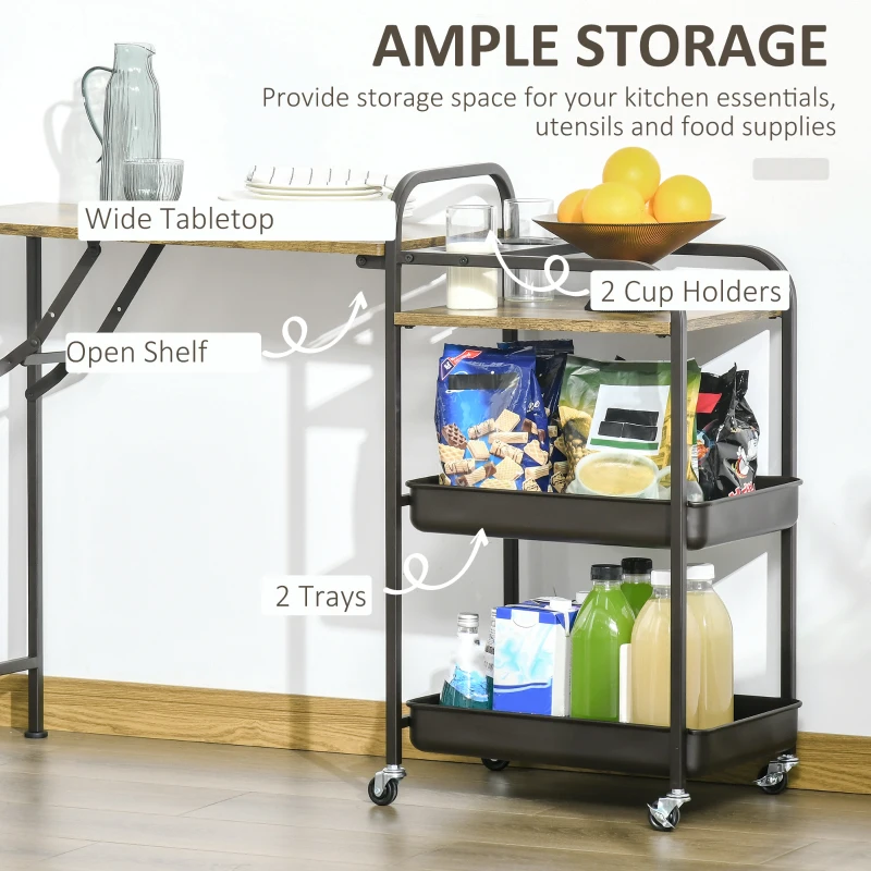 HOMCOM Küchenwagen Küchenrollwagen Servierwagen mit 1 klappbaren Tischplatte 2 Tabletts und 1 offenes Regal Rollen Verstellbare Fußpolster E1-Spanplatte Metall Rustikal-Braun 118 x 36,5 x 82 cm