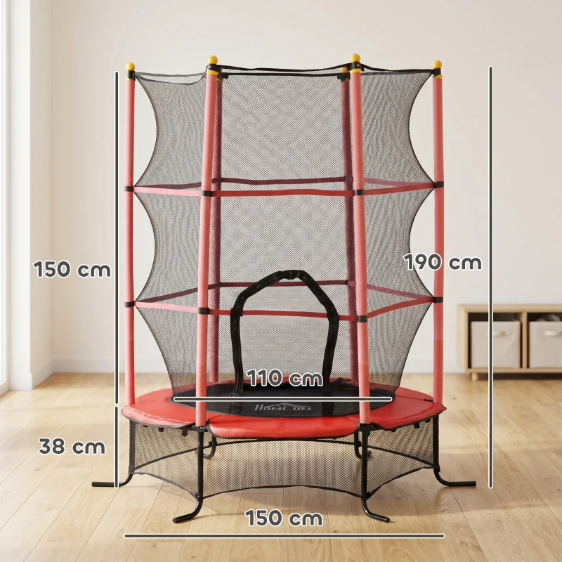 HOMCOM Trambulin Elastic pentru Copii Ø1.6x1.9 m cu Plasă de Siguranță și Stâlpi Căptușiți, Vârsta 3-10 Ani, Roșu