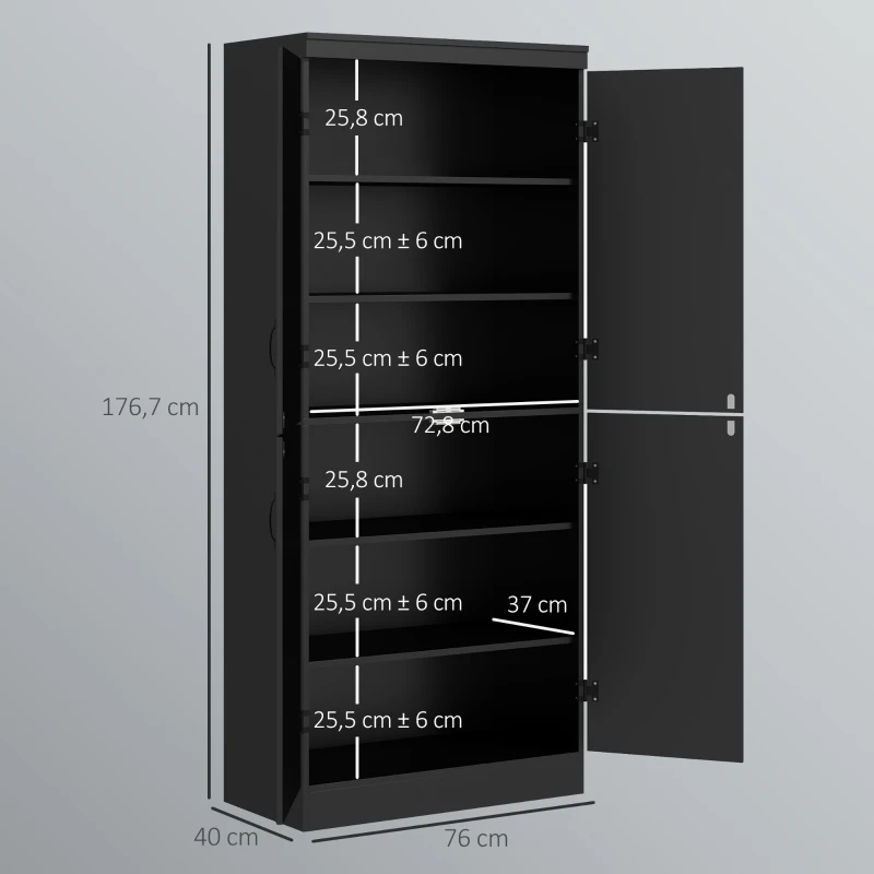 HOMCOM Buffet haut cuisine, armoire de cuisine avec 4 portes à 6 niveaux et étagères réglables, 76 x 40 x 176,7 cm, noir