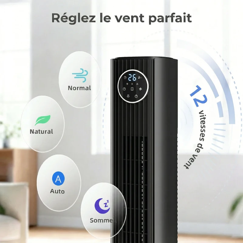 HOMCOM Ventilateur colonne silencieux 28dB, vitesse 8m/s, ventilateur tour chambre, 12 vitesses, 4 modes, minuterie 12H, noir
