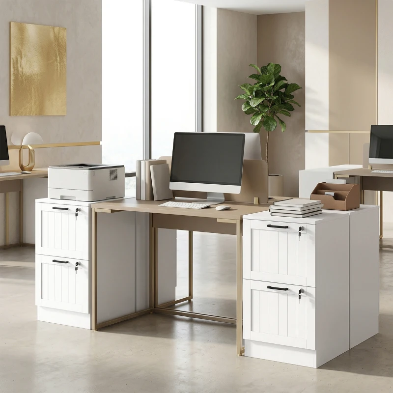 HOMCOM Caisson bureau, meuble rangement bois 2 tiroirs et serrure, barres de suspension réglables, 40 x 40 x 71 cm, blanc