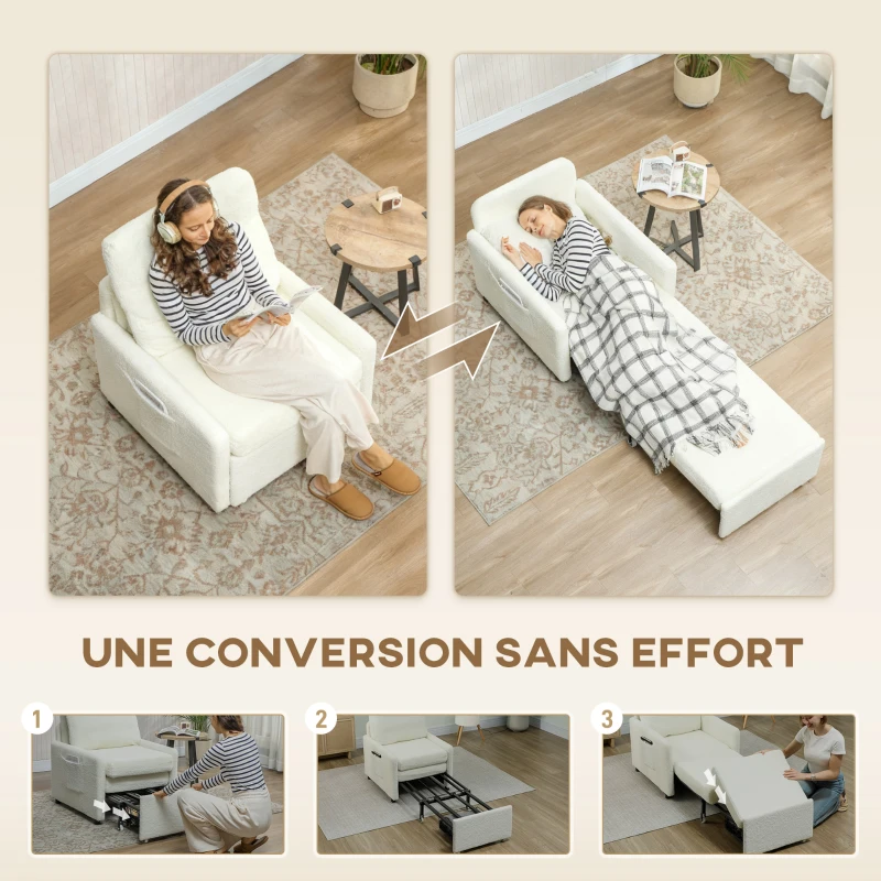 HOMCOM Fauteuil convertible 1 place, fauteuil-lit avec rangement caché, assise large et rembourrée, 72 x 85,5 x 91 cm, crème(m-4)