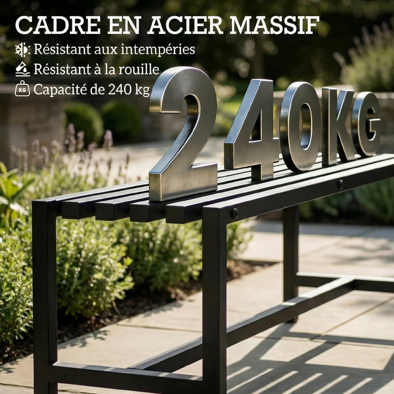 Outsunny Banc de Jardin 2 Places en Acier Galvanisé, Assise à Lattes, Sans Dossier, Capacité 240 kg, 117x36x44cm, Noir