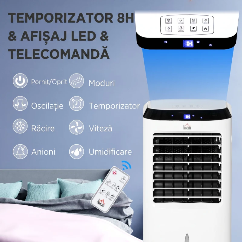 HOMCOM Răcitor 4 în 1 de 10L cu Umidificator, Timer 8h și Telecomandă, 38.2x31.6x76 cm, din ABS, Alb și Negru
