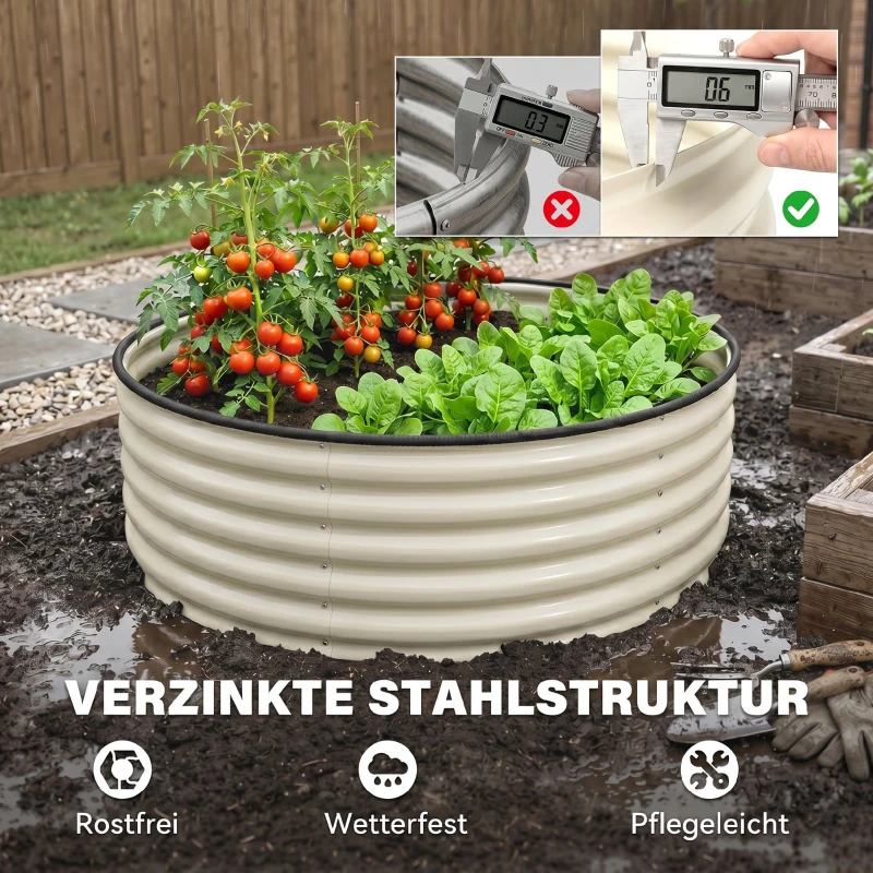 Outsunny Hochbeet, Verzinkter Pflanzkübel mit Sicherheitsrand, Pflanzbox mit offenem Boden, 120 x 120 x 43 cm, Cremeweiß