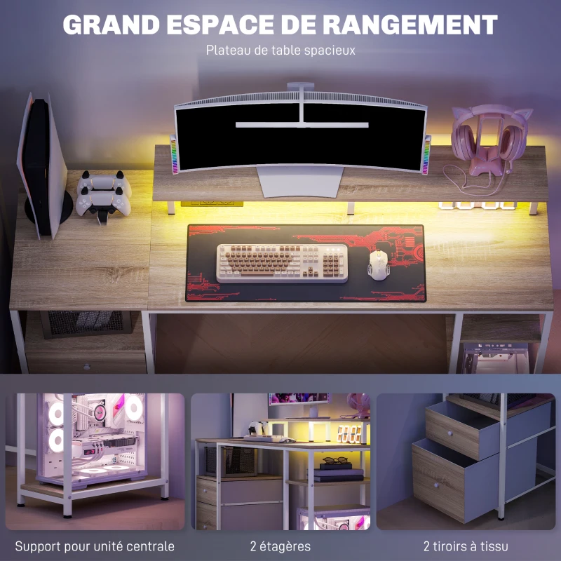HOMCOM Bureau d'ordinateur bureau lumières LED réglables 2 prises ports USB tiroirs étagères 155,5x48x88,5cm effet bois naturel