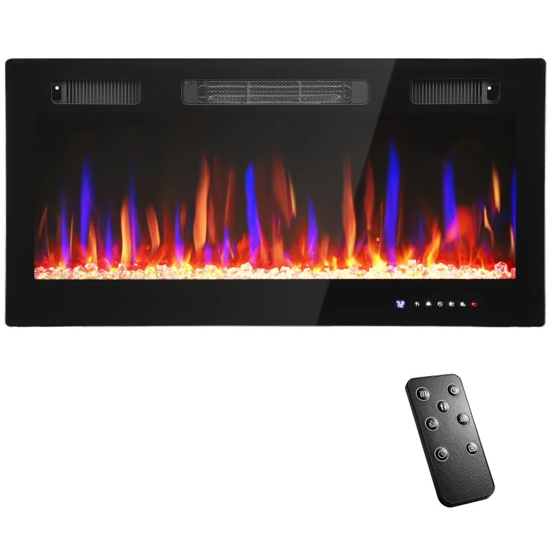 HOMCOM Șemineu Electric de Perete 900/1800W Ultra Subțire 9,4cm, 12 Culori Flacără 3D și Cristal Reglabil, Șemineu Electric cu Telecomandă, Touchscreen, Timer, Termostat, 30㎡ Negru