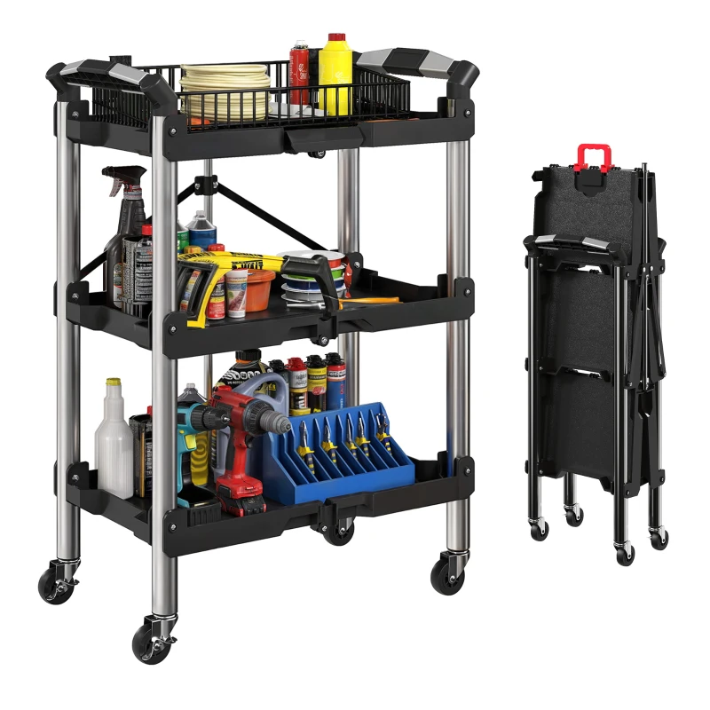 HOMCOM Werkzeug-Trolley, klappbarer 3-stufiger Werkzeugwagen, Kunststoff, Stahl, Schwarz