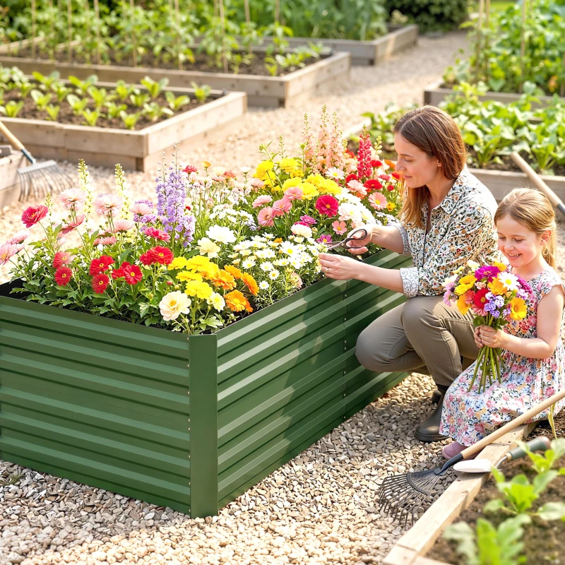 Outsunny Pflanzenkübel, Handliches Blumenbeet zum Anpflanzen, Hegen und Pflegen, Hochbeet, Stahl, Grün