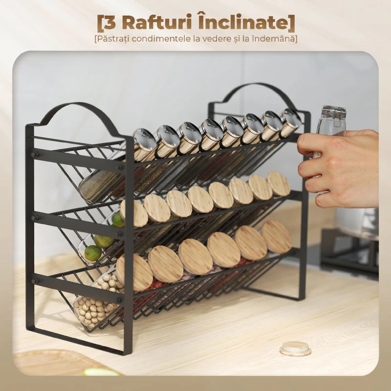 HOMCOM Suport pentru condimente de bucătărie cu 3 niveluri, organizator economisitor de spațiu cu rafturi înclinate din metal, negru