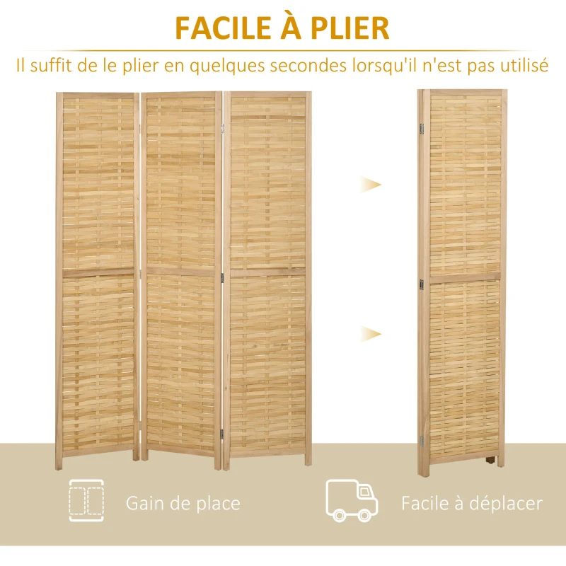 HOMCOM Paravent en bois séparateur de pièce closion de séparation pliable 3 panneaux en bambou 120 x 170 cm naturel clair