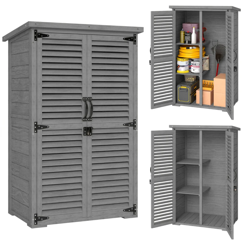 Outsunny Armoire de Jardin Remise Pour Outils en Bois 2 Étagères Toit Bitumé Portes Persiennes Verrouillable 75 x 50 x 118cm Gris