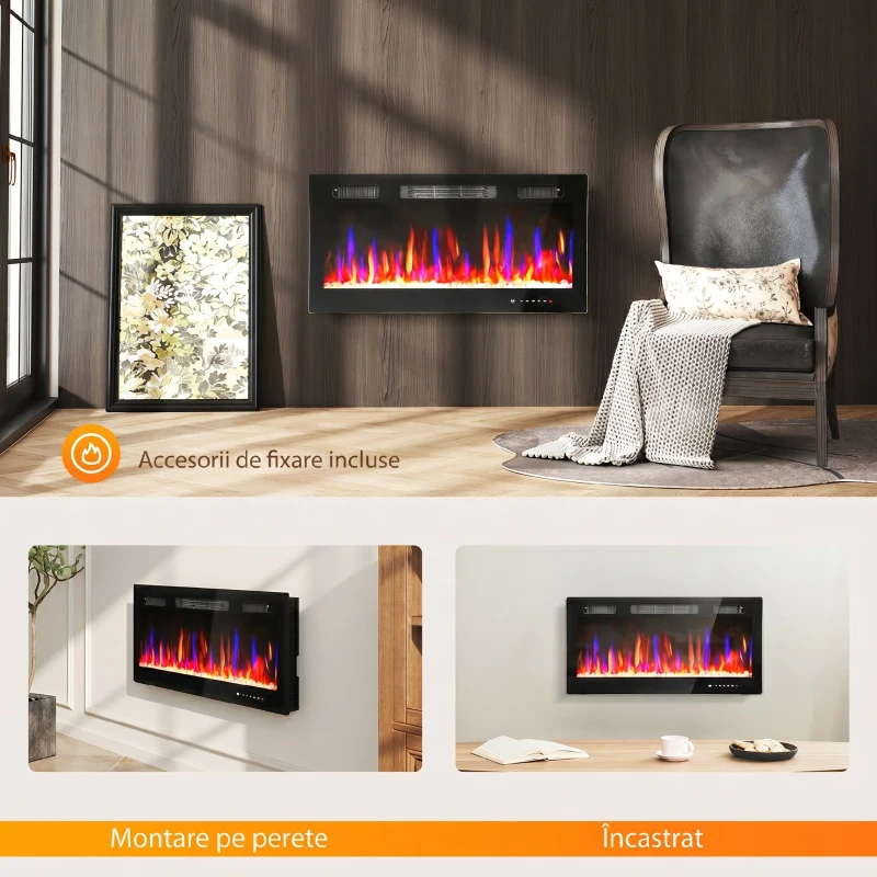 HOMCOM Șemineu Electric de Perete 900/1800W Ultra Subțire 9,4cm, 12 Culori Flacără 3D și Cristal Reglabil, Șemineu Electric cu Telecomandă, Touchscreen, Timer, Termostat, 30㎡ Negru