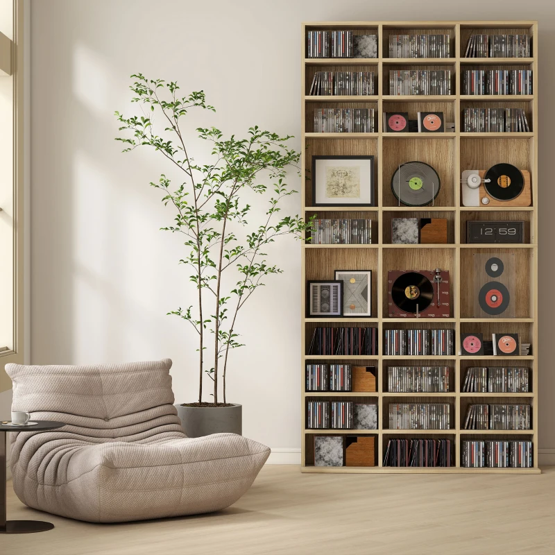 HOMCOM Rangements pour CD et DVD, étagère rangement 1116 CD/528 DVD, 36 compartiments et étagères réglables, chêne