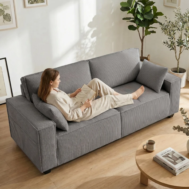 HOMCOM 218 cm 3-Sitzer Sofa, modernes Cord-Sofa mit Taschenfeder-Polsterung, breiten Armlehnen und 2 Kissen, hellgrau