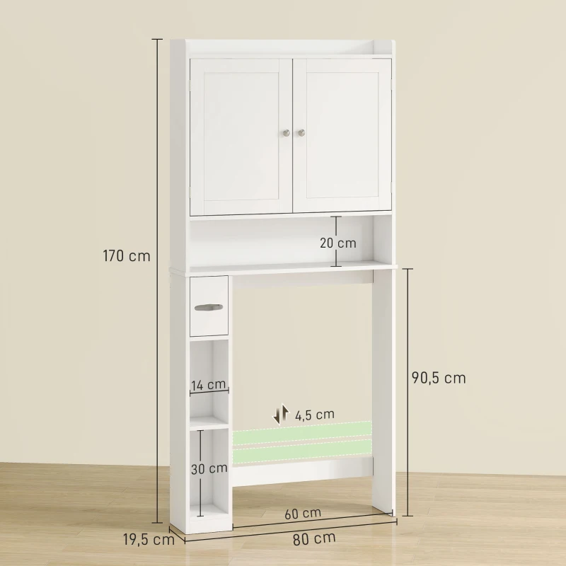 HOMCOM Meuble WC dessus de toilette ou machine à laver, 2 portes, 3 compartiments, porte-papier toilette, 80x19,5x170cm, blanc
