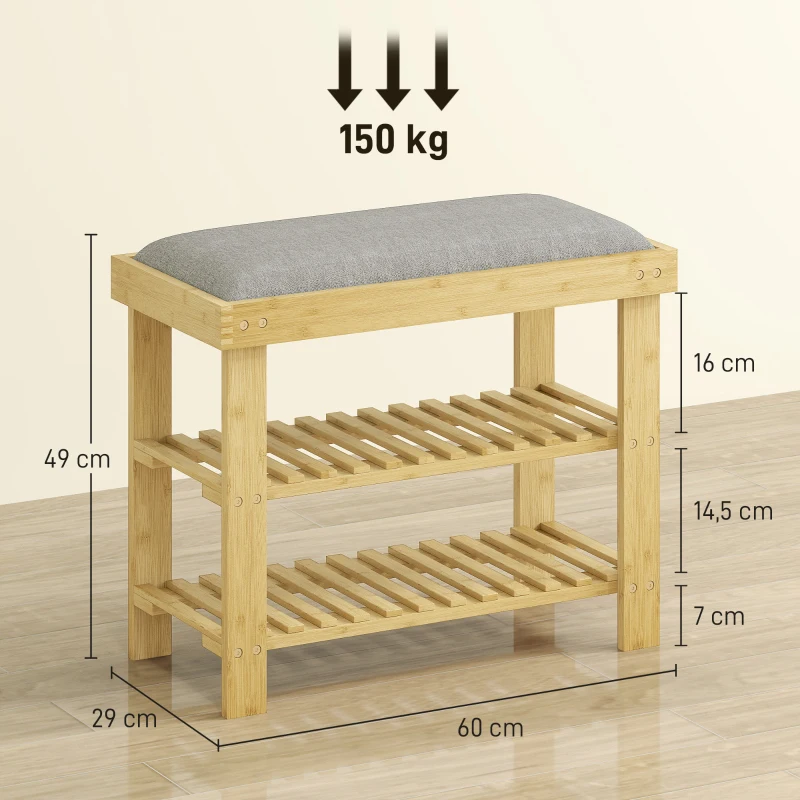 HOMCOM Banc à chaussures en bambou, étagère à chaussures à 3 niveaux, style scandinave, 60 x 29 x 49 cm, gris et bois naturel