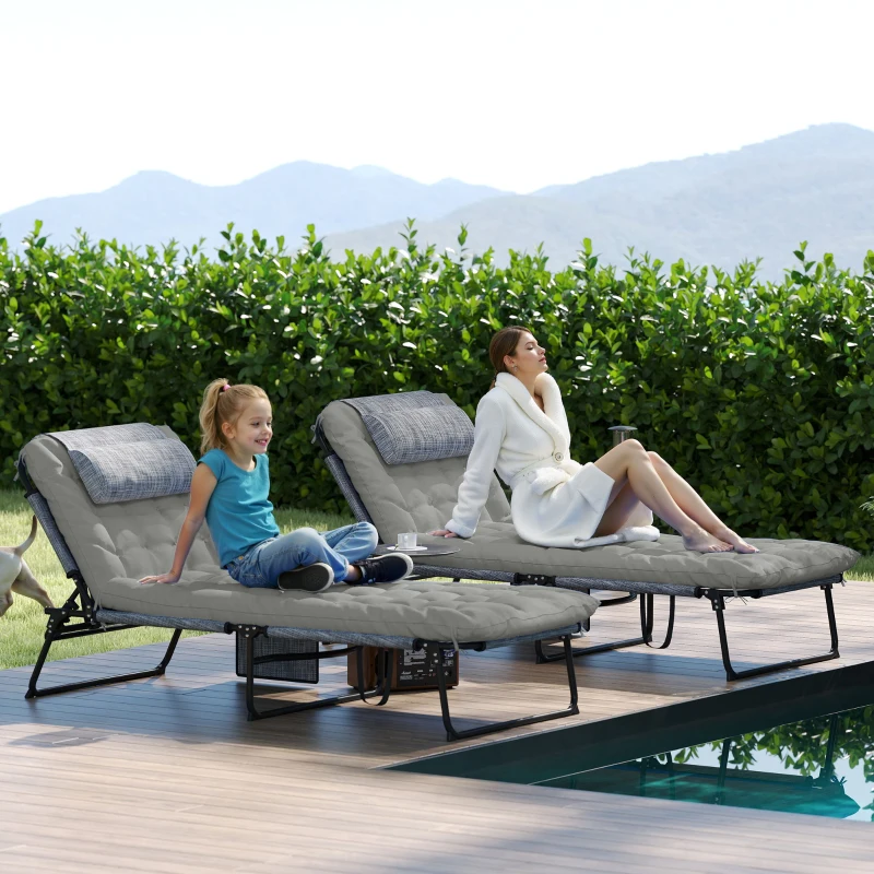 Outsunny Lot de 2 transats bains de soleil pliable avec dossier inclinable 4 positions - appui-tête et matelas épais