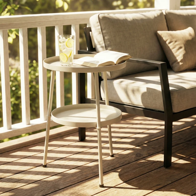 Outsunny Beistelltisch Ø36 cm, Balkontisch aus Metall, Esstisch Outdoor, rund Terrassentisch für Garten Terrasse Balkon Cremeweiß