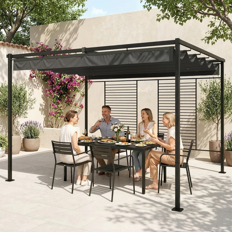 Outsunny Pergola de Jardin Tonnelle à Vigne UV50+ Toit Rétractable Panneaux d'Intimité pour Plantes Grimpantes 3x4m Gris Foncé