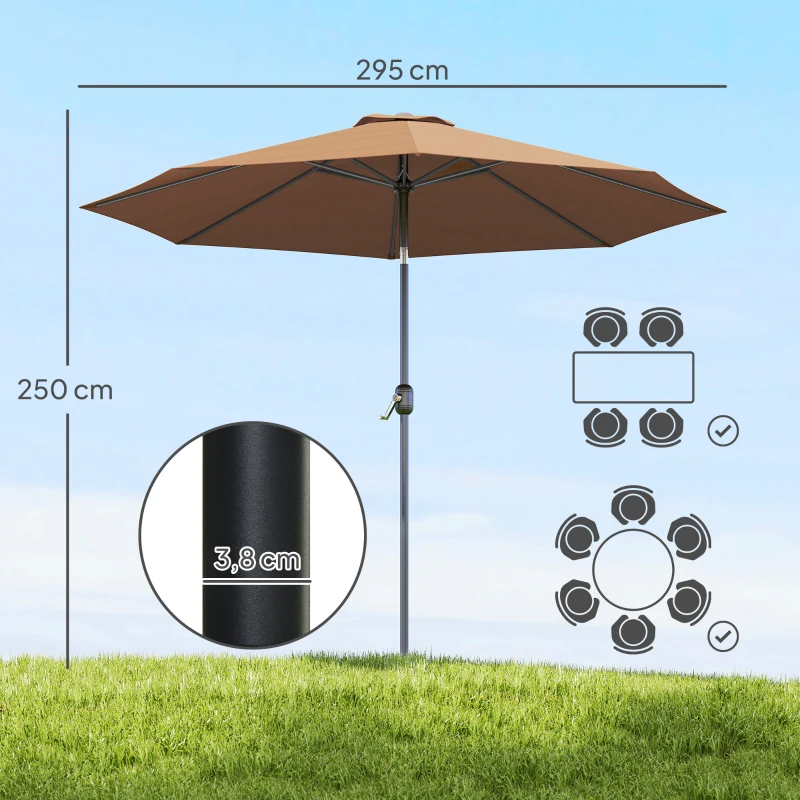 Outsunny Parasol de jardin extérieur Parasol droit inclinable Ø 3 m en métal Rond Polyester 180g/m² manivelle inclinable Chocolat