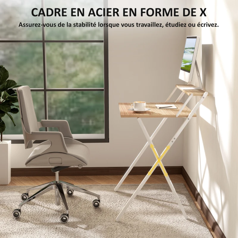 HOMCOM Bureau pliable 65,5 x 45 cm avec étagère de rangement pour chambre, petits espaces, bois naturel