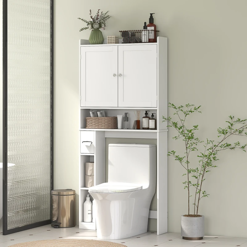 HOMCOM Meuble WC dessus de toilette ou machine à laver, 2 portes, 3 compartiments, porte-papier toilette, 80x19,5x170cm, blanc