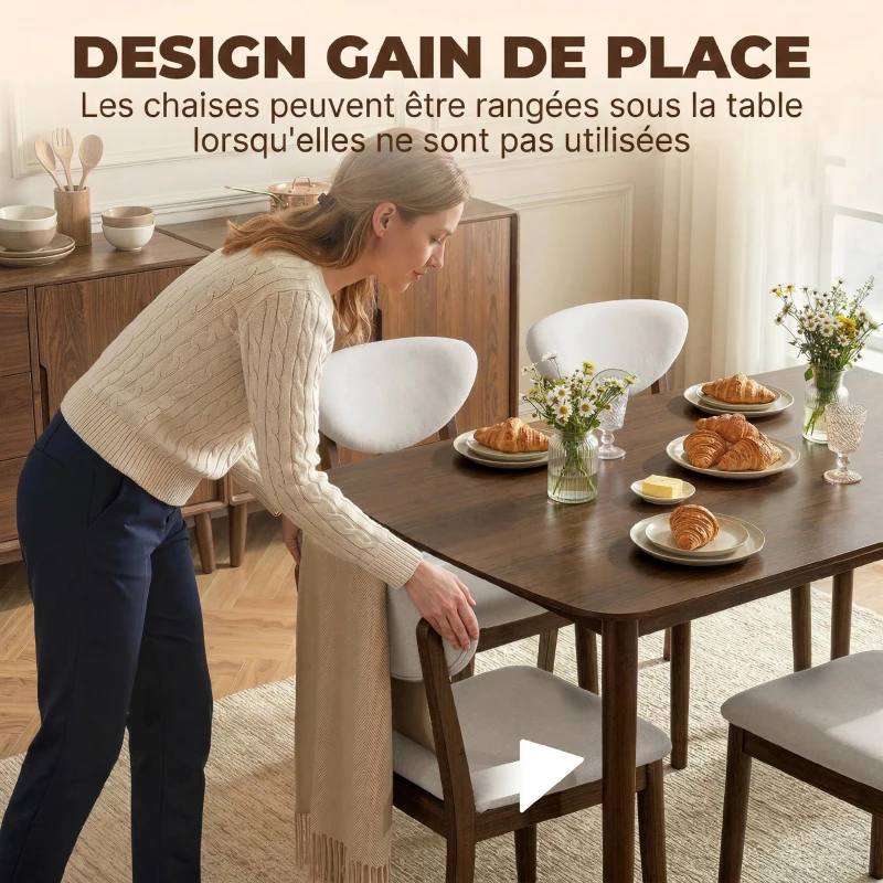 HOMCOM Ensemble table salle à manger avec 4 chaises, table de cuisine avec chaises pour 4 personnes, assise rembourrée, crème