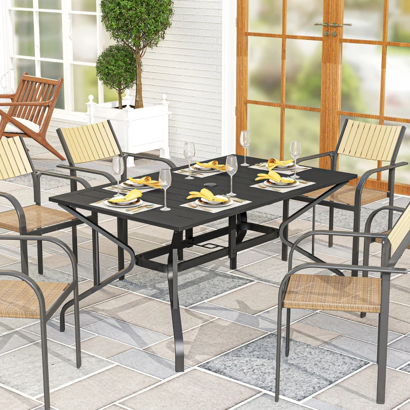 Outsunny Gartentisch Stahl 150x90 cm Wetterfest Balkontisch mit Schirmloch, Lamellen-Design für 6 Personen Schwarz