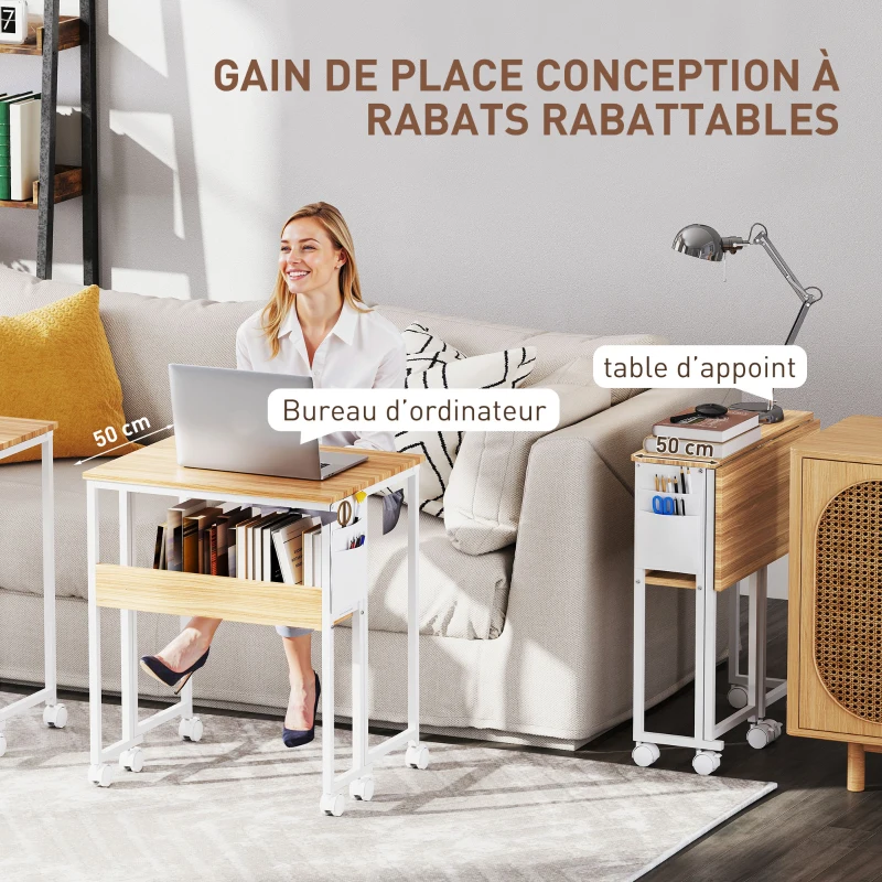 HOMCOM Bureau pliable sur roulettes 63 x 50 cm avec étagère et sac de rangement, bois naturel