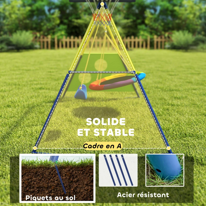 AIYAPLAY Balançoire Portique Enfants 4-en-1, avec Balançoire Nid, Panier de Basket et Cage de Football, Aire de Jeux, Multicolore