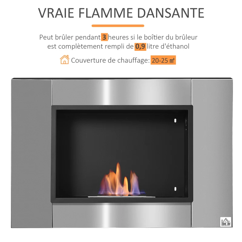 HOMCOM Cheminée bioéthanol Murale encastrable brûleur 0,9 L, environ 3 h de durée de combustion 80L x 14l x 54H cm Couverture 25-30 m² Acier inox