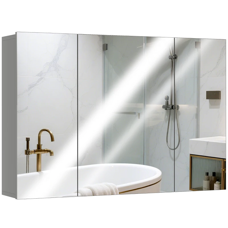 kleankin Armoire murale de salle de bain avec 3 portes miroir et étagères réglables en MDF Gris dim. 90L x 15l x 60H cm